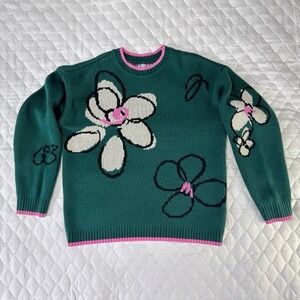Urban Outfitters Floral Knit Sweater Womens XL Teal Pink Crewneck Good Artsy